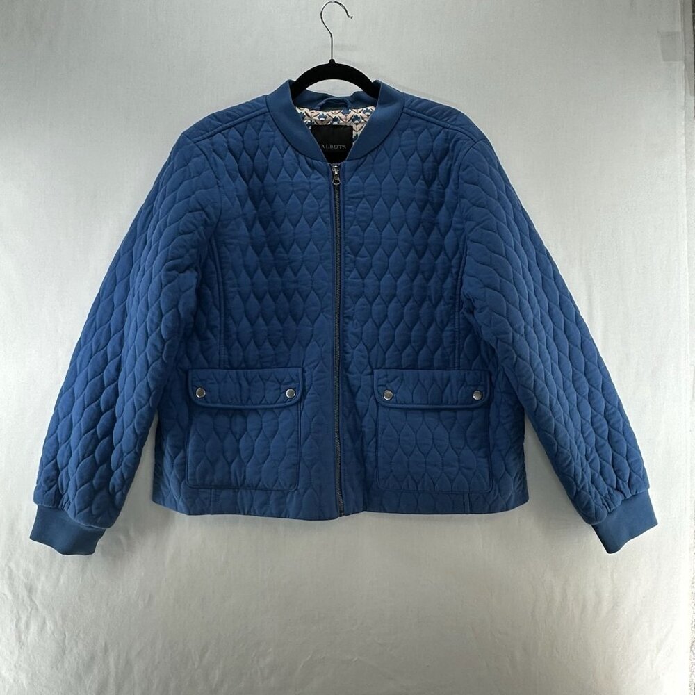 Talbots Quilted Bomber Jacket Womens XL Full Zip Pattern Lined Snap Pockets Blue - Picture 4 of 12